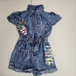 Girls Denim Acid Wash Romper w/Tiger &  Fierce Graphic